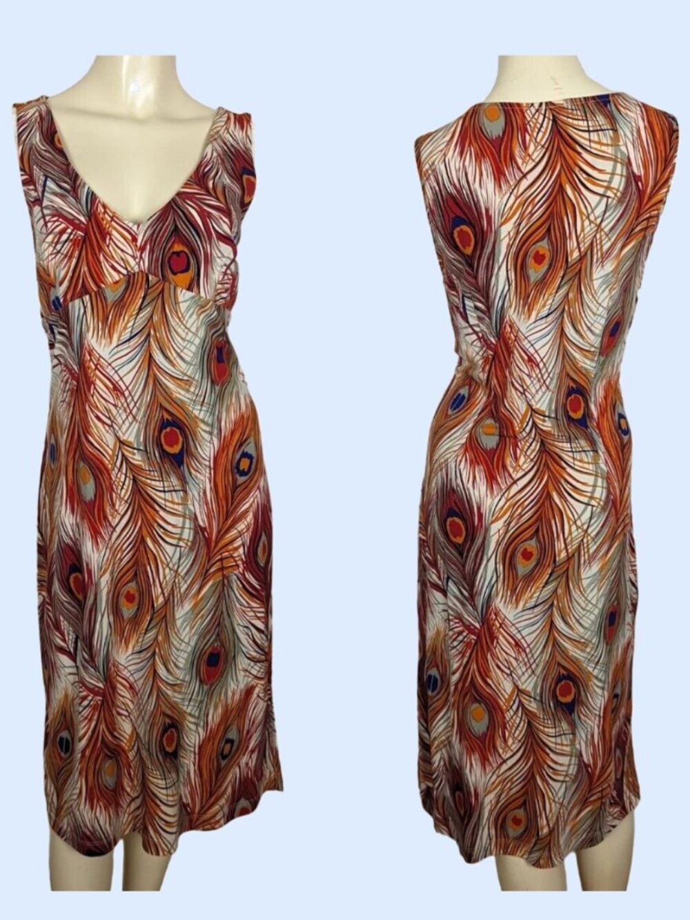 BCBG Dresses Large orange blue Peacock Feather print Vintage Empire Waist Y2K